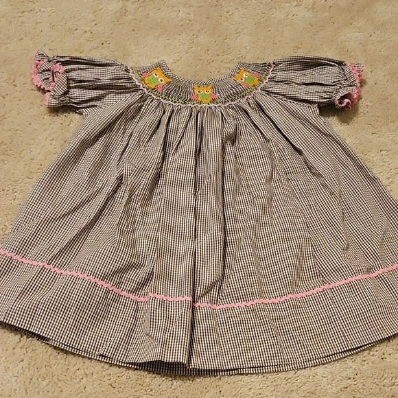 Smocked Gingham Girls Owl Dress 12m - Picture 1 of 5